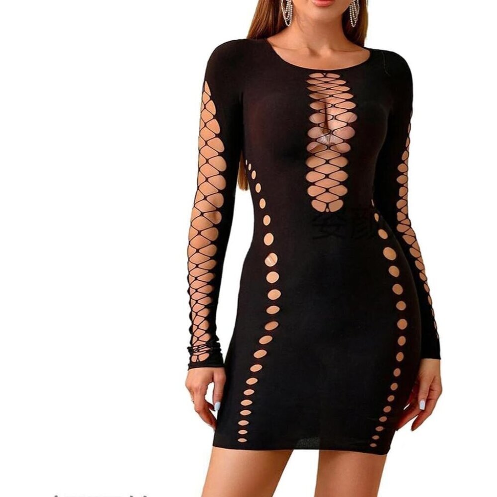 Women's Black Rhinestone Mesh Bodysuit Lingerie | Fishnet Teddy Sparkle Sexy